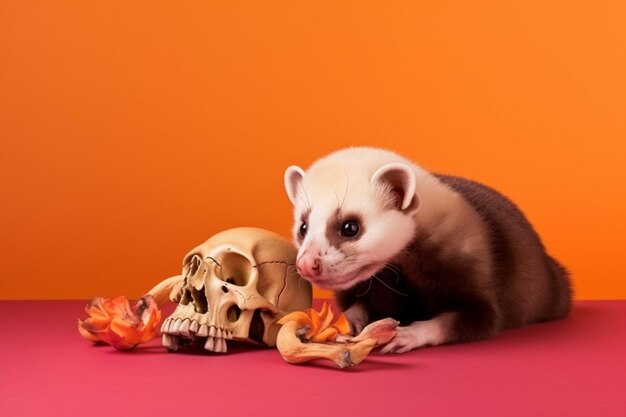 A ferret and a skull are on a red background