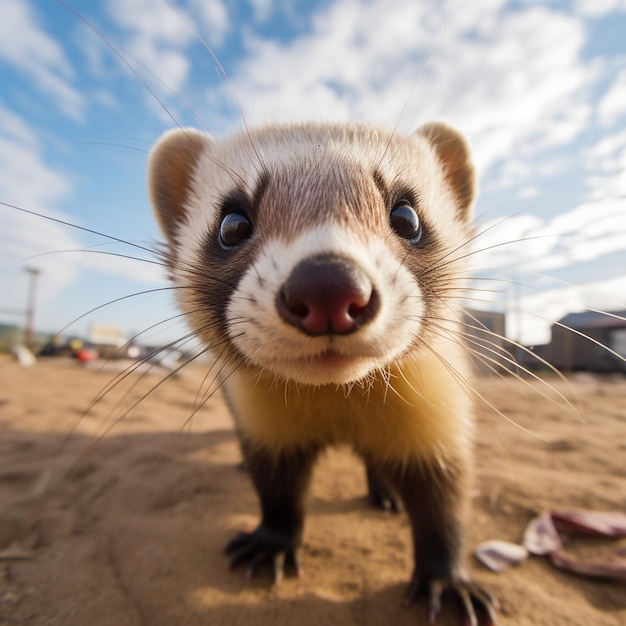 Photo ferret sniffing the camera face portrait