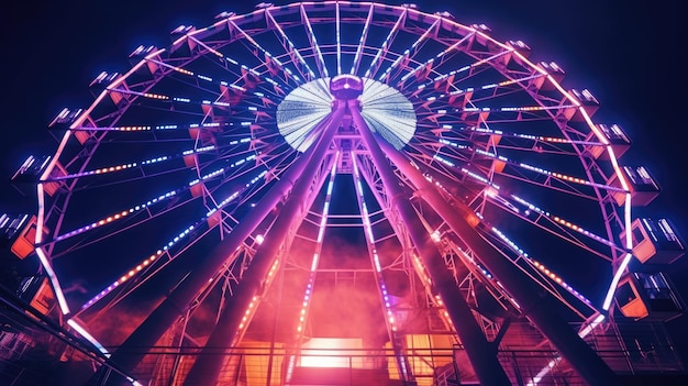Колесо обозрения в парке развлечений освещено цветами радуги ночью колесо обозрение в