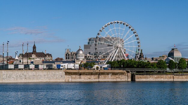 Ferris wheel by river against buildings in city