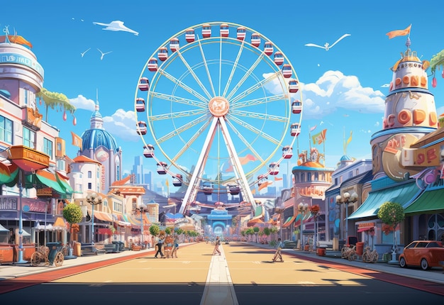 Ferris wheel in the heart of a vibrant street scene