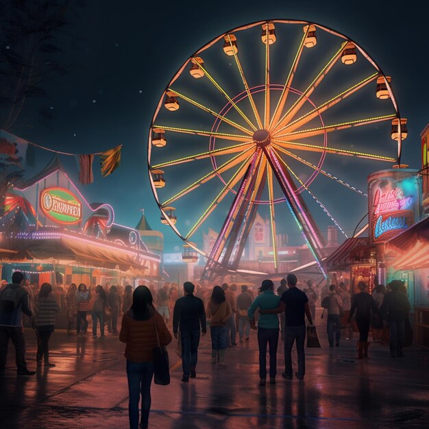 A ferris wheel is shown at night with a sign that says " the big wheel ".