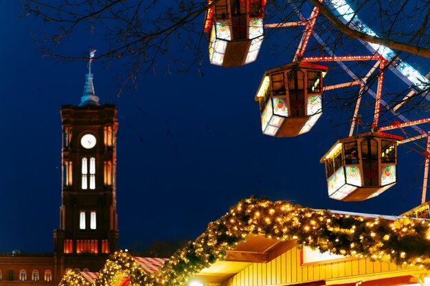 Ferris Wheel at Night Christmas Market, Town Hall, Berlin, Winter Germany.