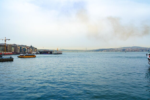 Ferry boat in istanbul in the waters of the bosphorus at sunset