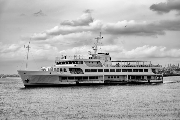 a ferry in the Bosphorus on a cloudy day