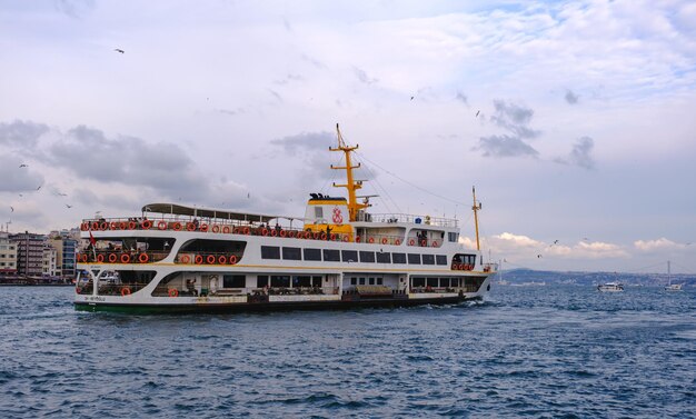 A ferry and flying seagulls in the Bosphorus