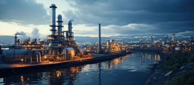 Fertilizer plant in an agricultural landscape at sunset