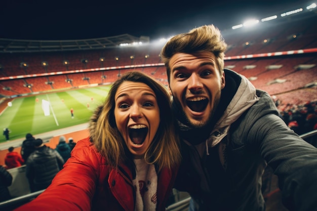 A fervent couple both avid football fans actively participating in the live action on the field during a football match radiating unfiltered joy and support