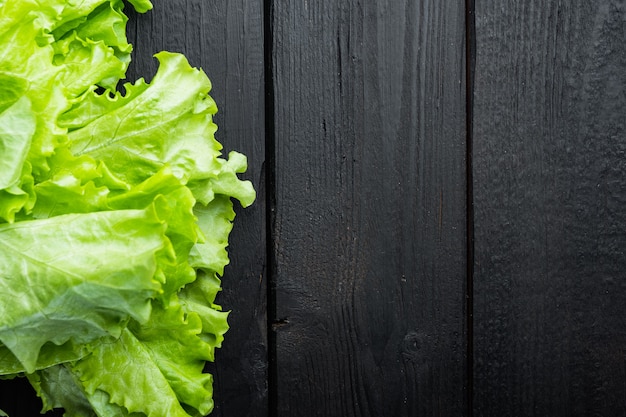 Fesh groene sla salade biologische bladeren, op zwarte houten tafel met kopie ruimte voor tekst