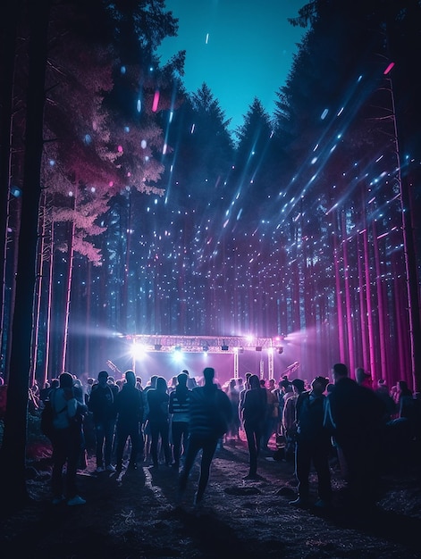 Festival bergbos groep vrienden plezier concertlocatie neonlichten