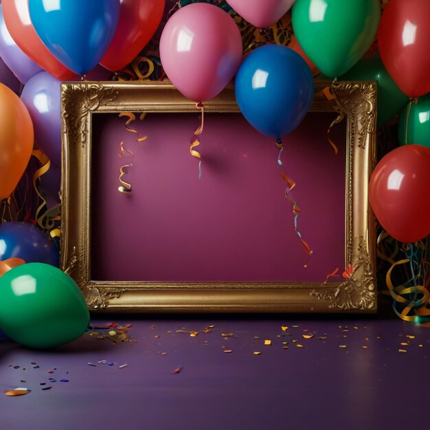 Festival carnival or birthday party frame with balloons streamers and confetti