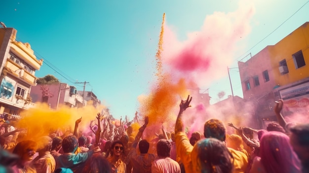 色の祭り 伝統的なインド の 休日 ホリ 若い 人 たち は ホリ の 間,色 を 投げ て 楽しむ