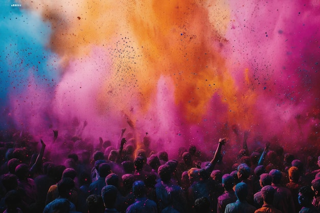 선명한 색상의 가루 폭발 구름에 휩싸인 축제 군중