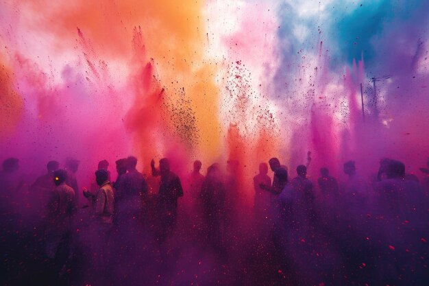 Photo festival crowd enveloped in a cloud of vivid color powder explosions