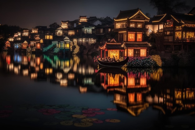 A festival of lanterns is lit up at night