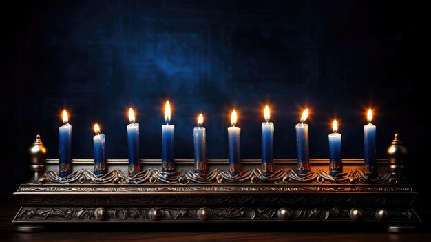 Festival of lights Hanukkah candles a traditional menorah with burning flames on a black background