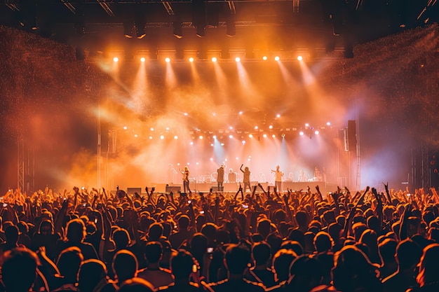 Festival Music concert with lights and silhouette of a people enjoying the concert Ai generative