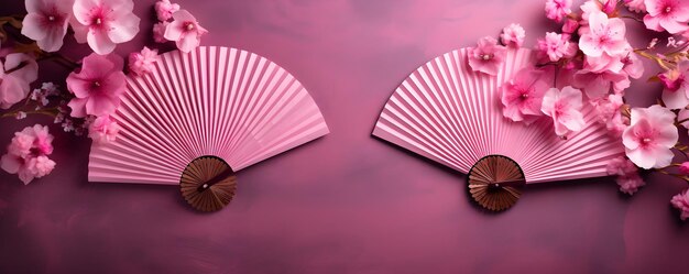 Festival paper fans and blossom flowers on pink background Happy Chinese New Year