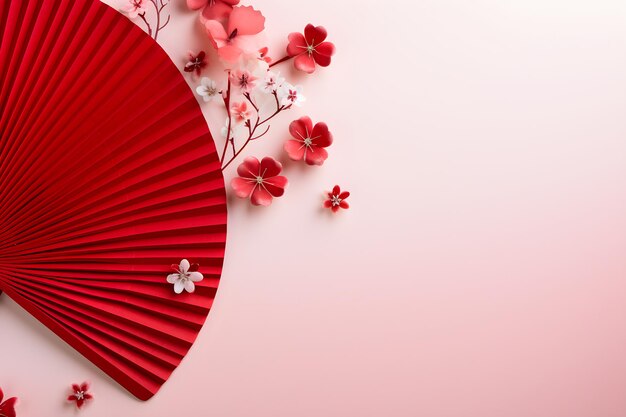 Festival paper fans and blossom flowers on red background happy chinese new year