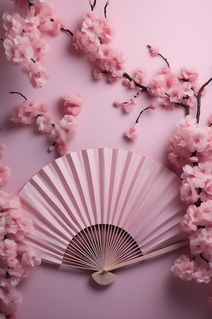 Festival papier ventilatoren en bloemen op roze achtergrond Gelukkig Chinees Nieuwjaar