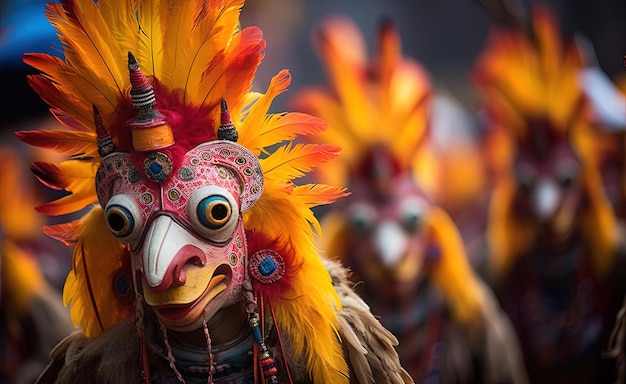 Festival of pheasant with a parade bhutan in the style of ritualistic masks