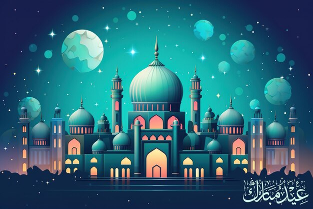 Photo festival and religion islamic muslim eid mubarak illustration background with mosque and lantern