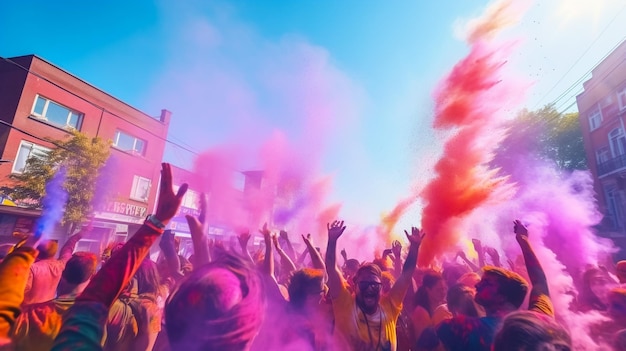 Foto festival van kleuren traditionele indiase vakantie holi jonge mensen hebben plezier tijdens holi