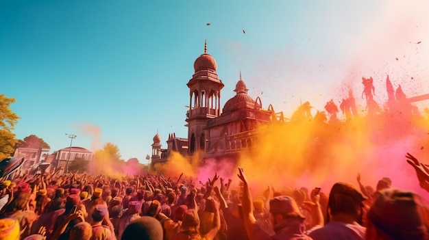 Festival van kleuren traditionele Indiase vakantie Holi Jonge mensen hebben plezier tijdens Holi