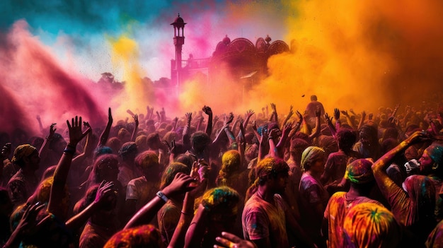 a festival with colored powder and a mosque in the background