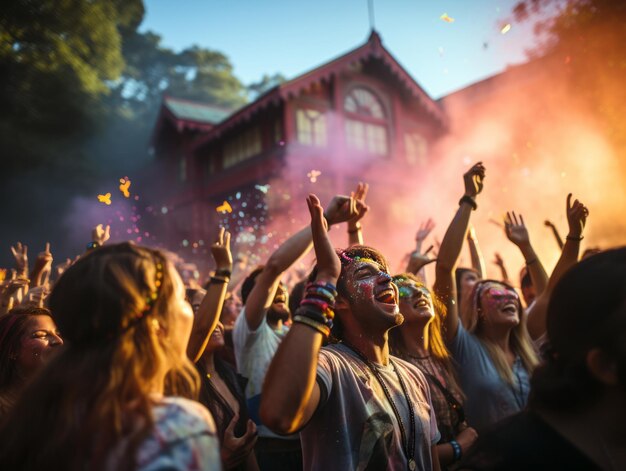 Festivalbezoekers in kleurrijke viering op een historische locatie Generatieve AI