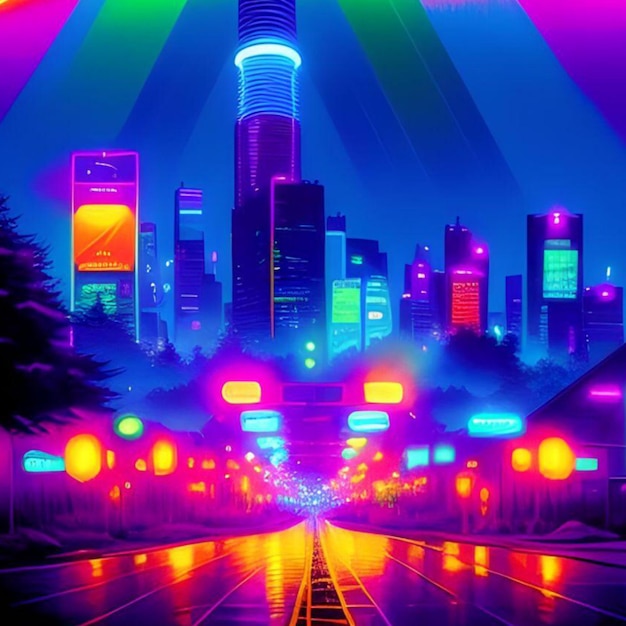 Festive 3D Neon City Skyscrappers Illustration