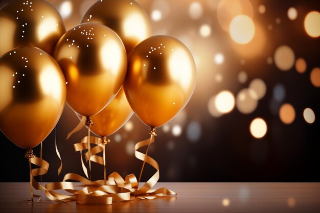 Foto rendering 3d festivo palloncini d'oro con nastri e confetti su bokeh