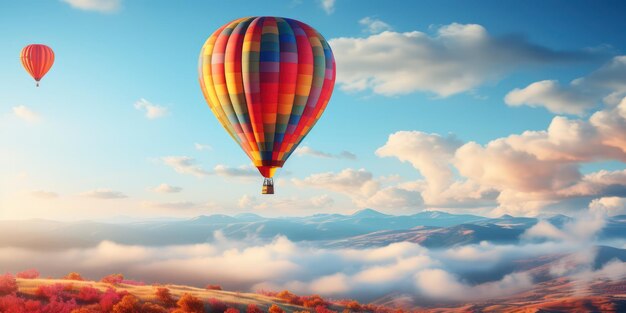 A festive air balloon joyfully gliding in the bright morning sky