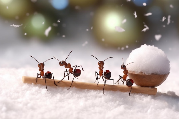 Foto le formiche festive cavalcano la slitta e giocano a palle di neve a natale, creato con strumenti di intelligenza artificiale generativa