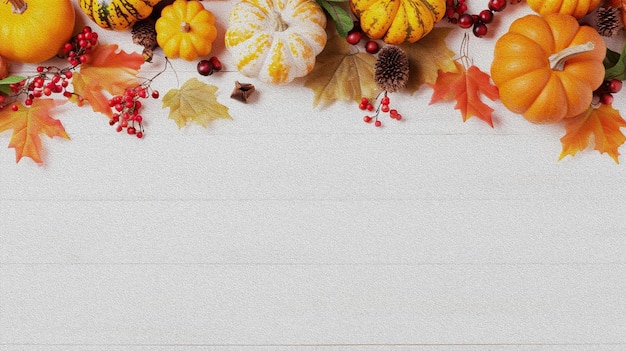 Festive autumn background from pumpkins berries and leaves in oilpainting style Autumn background