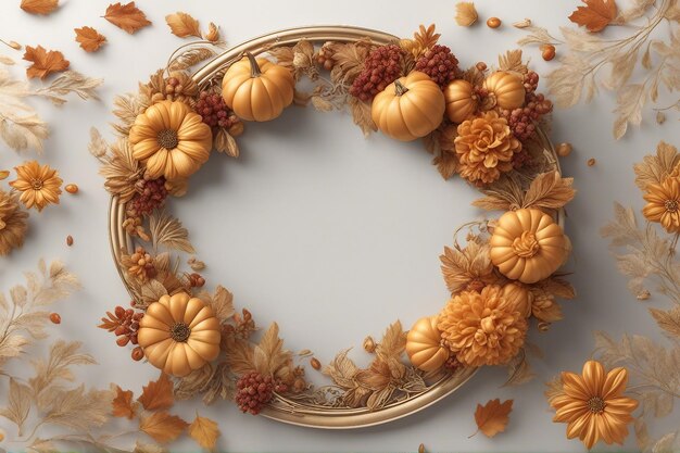 Festive autumn decor Frame from pumpkins flowers and fall leaves Concept of Thanksgiving day