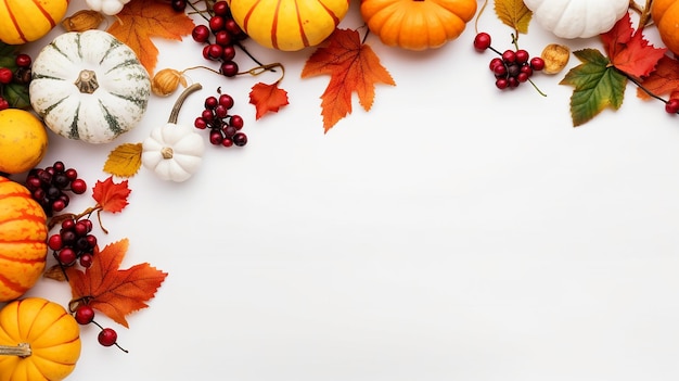 festive autumn decor from pumpkins berries and leaves on white background