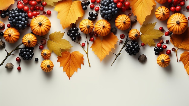 Festive autumn decor from pumpkins berries and leaves on a white wooden background Generative AI