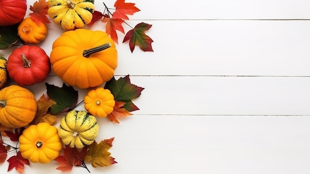 Festive autumn decor of pumpkins berries and leaves on a white wooden background