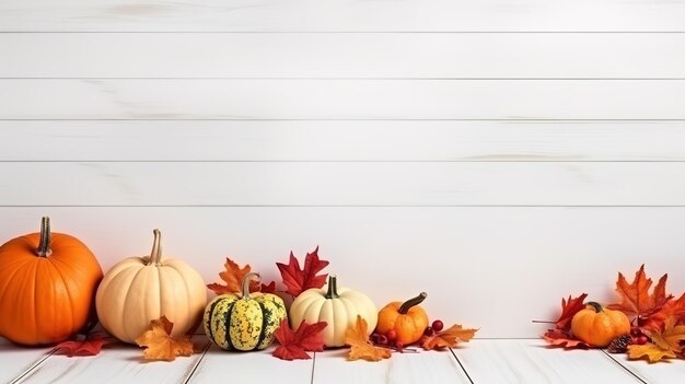 Festive autumn decor of pumpkins berries and leaves wooden background