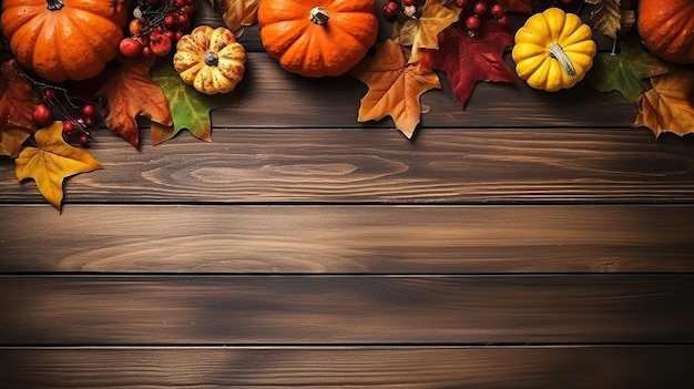 Festive autumn decor of pumpkins berries and leaves wooden background