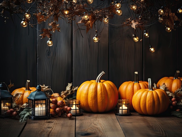 Festive autumn decor with blank copy space surrounded by pumpkins autumn leaves ashberries in