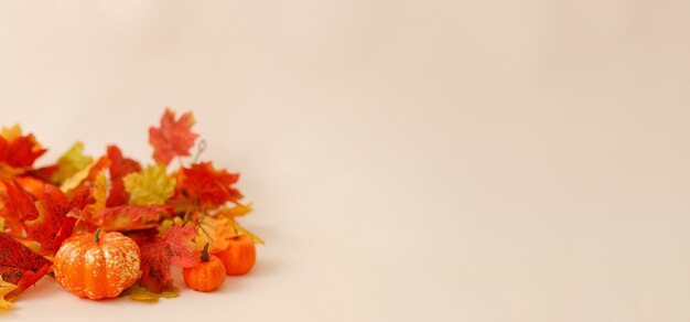 Festive autumn decor with pumpkins and leaves on a beige background