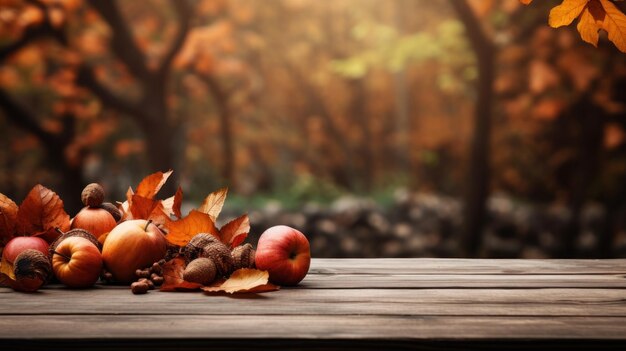 Фото Праздничное осеннее украшение с яблочными кленовыми листьями на деревянном винтажном столе и размытым садовым светом