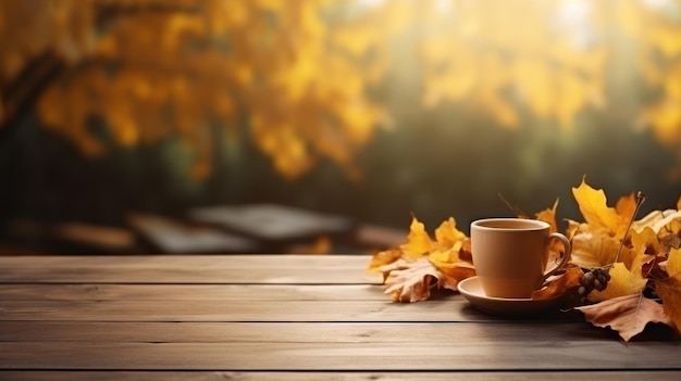 Фото Праздничное осеннее украшение с кленовыми листьями кофейной чашки на деревянном винтажном столе и размытым садом