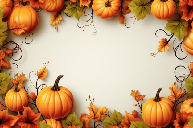 Festive autumn frame of pumpkins and leaves on white background The concept of Thanksgiving or Halloween Flat lay composition with copy space