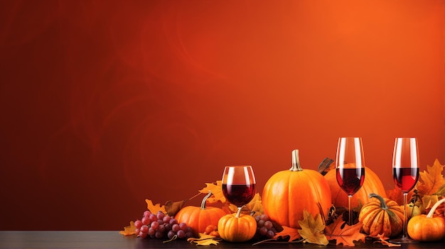 A festive autumn setting with radiant pumpkins grapes and wine glasses filled with red wine epitomizing the essence of harvest celebrations