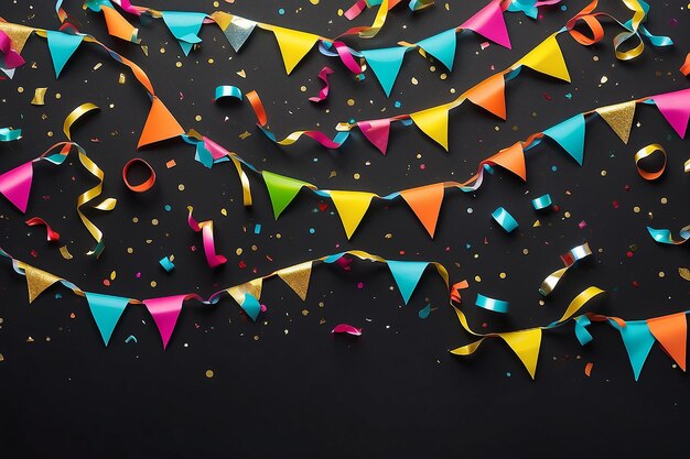 Festive background banner with colored confetti and streamers on a black or white