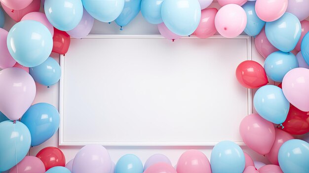 Festive background empty mockup frame surrounded by multicolored balloons template for image text greetings