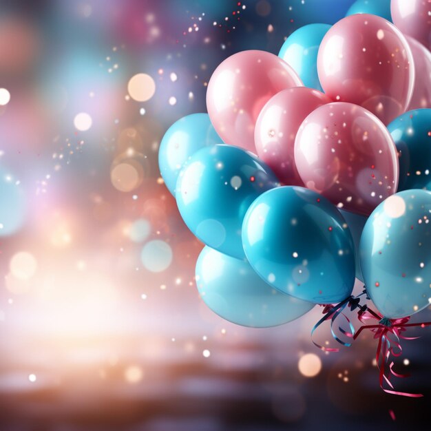 Festive background featuring blue and pink balloons confetti and lights for social media post size